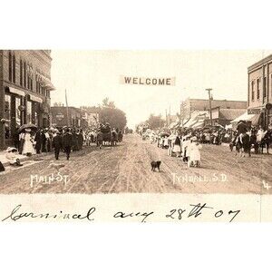 Tyndall SD South Dakota RPPC 1907 Carnival Parade Dog Postcard Horses Strollers